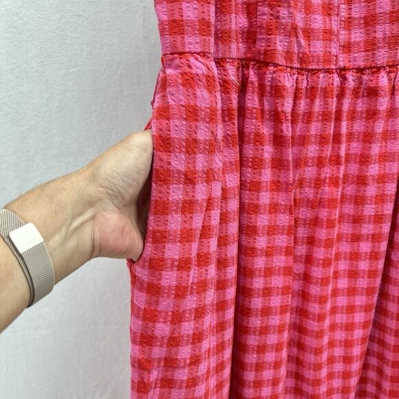 LANE BRYANT Gingham Sleeveless Flounce Hem Seersucker Midi Dress 18 Pink Pockets - Picture 14 of 15